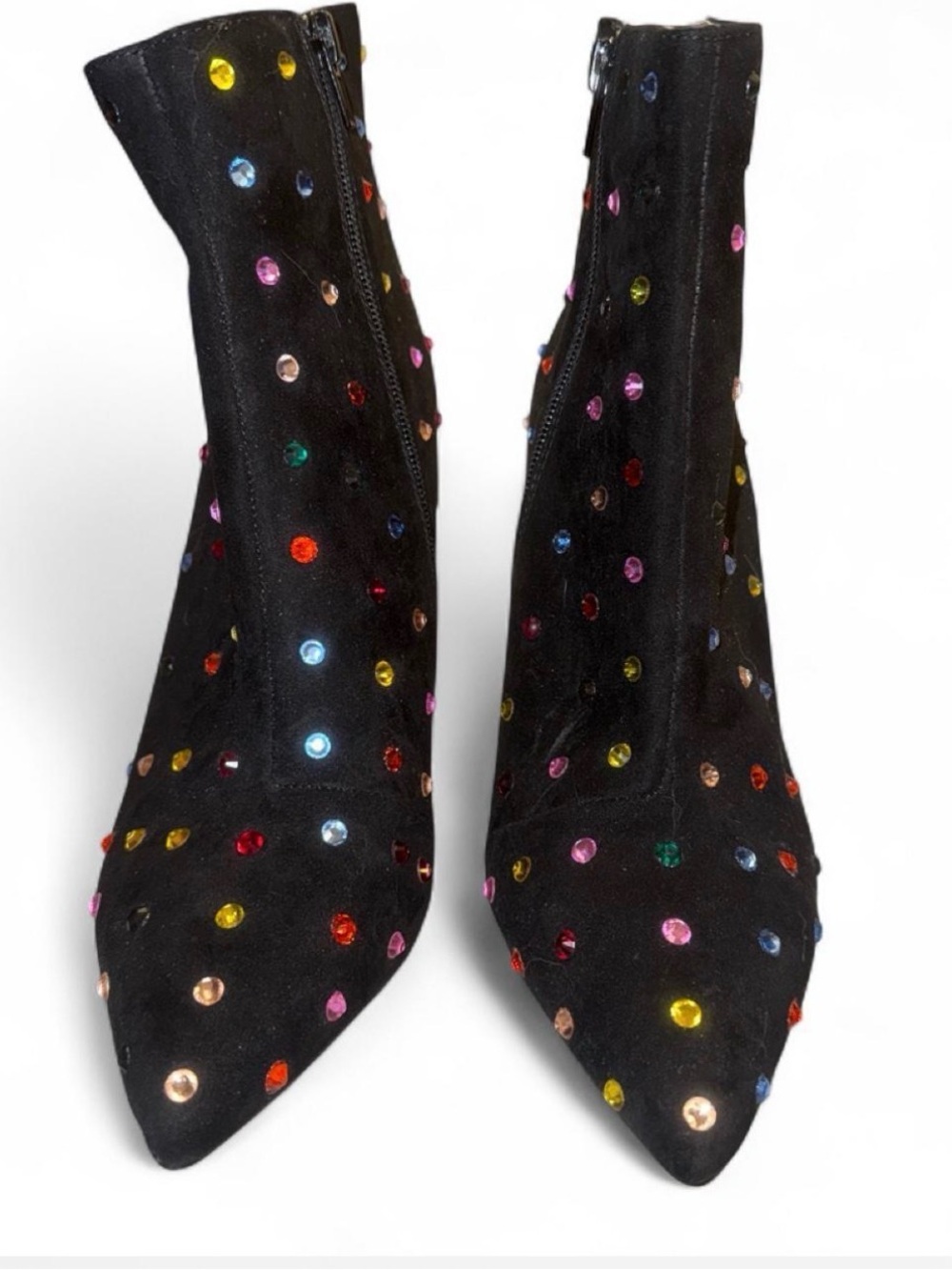 Betsey Johnson Black Suede Ankle Boots with Multicolor Rhinestones - Picture 4 of 5